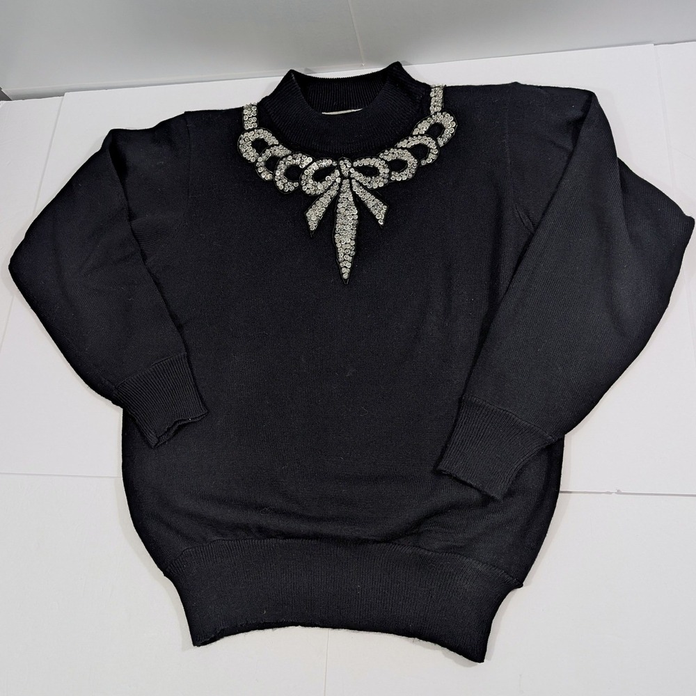Regency Collection for Joyce Vintage Black Sequin Bow Mock Neck Sweater Small